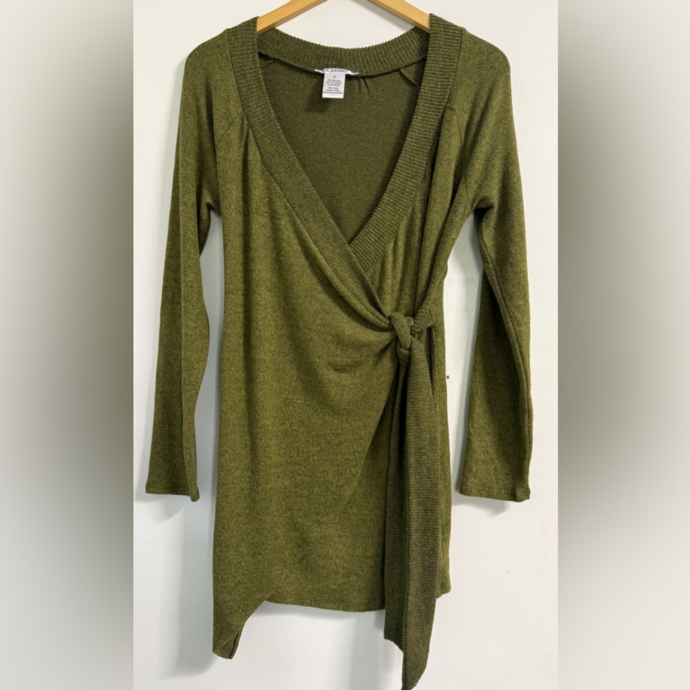 K Jordan Olive Faux Wrap Tie Waist Cardigan M